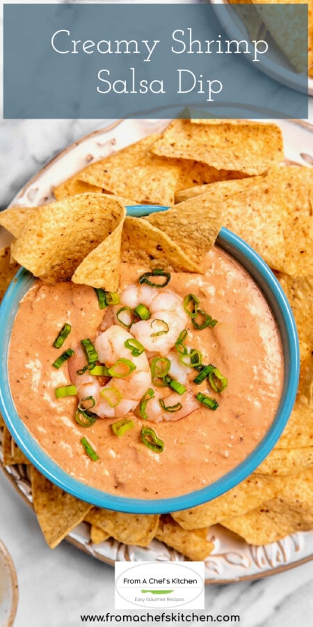 Pinterest graphic for Creamy Shrimp Salsa Dip showing it in a bright blue bowl on a platter with tortilla chips.