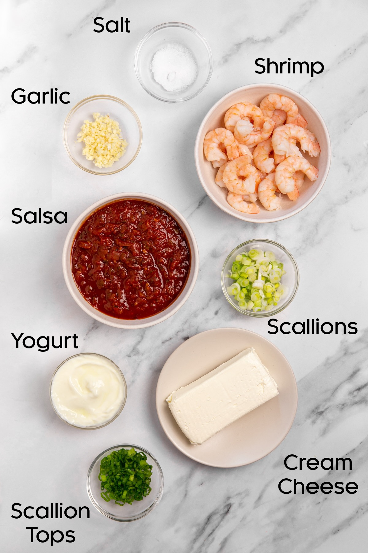 Ingredients for Creamy Shrimp Salsa Dip in glass bowls.