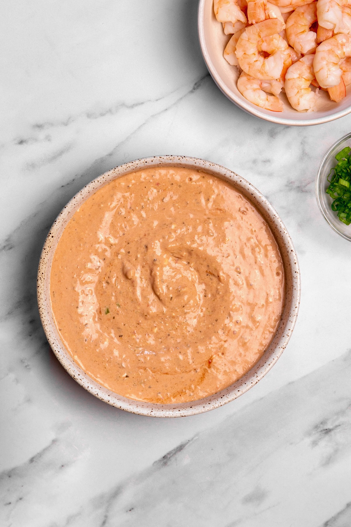 Shrimp dip in mixing bowl.