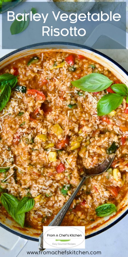 Pinterest graphic for Barley Vegetable Risotto showing it in a white enamel cast iron skillet.