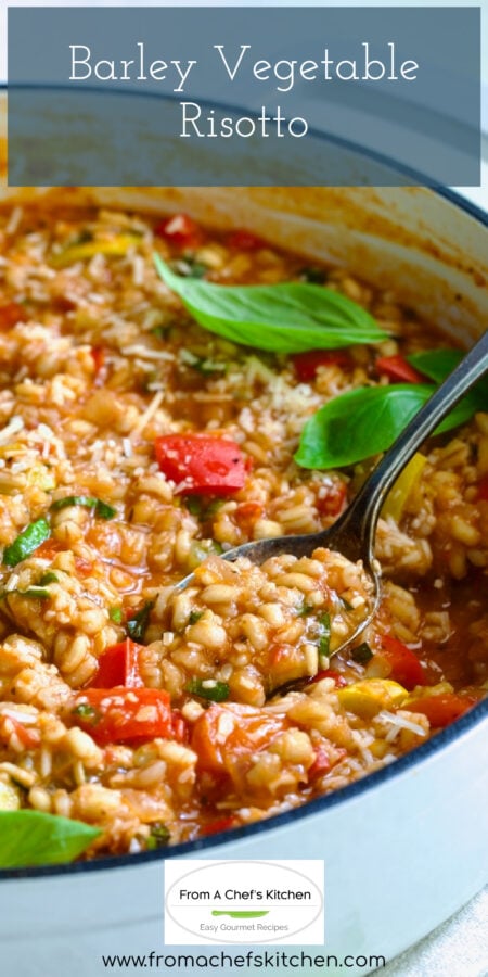 Pinterest graphic for Barley Vegetable Risotto showing it in a white enamel cast iron skillet.