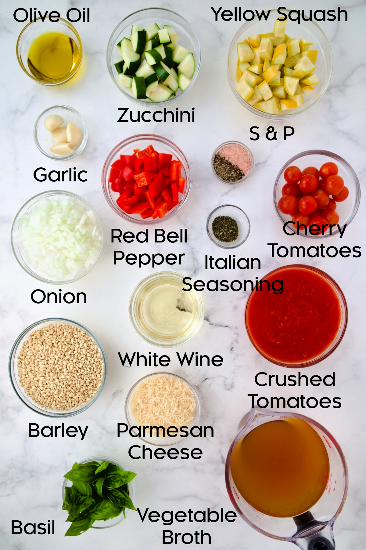 Ingredients for Barley Vegetable Risotto in glass bowls.
