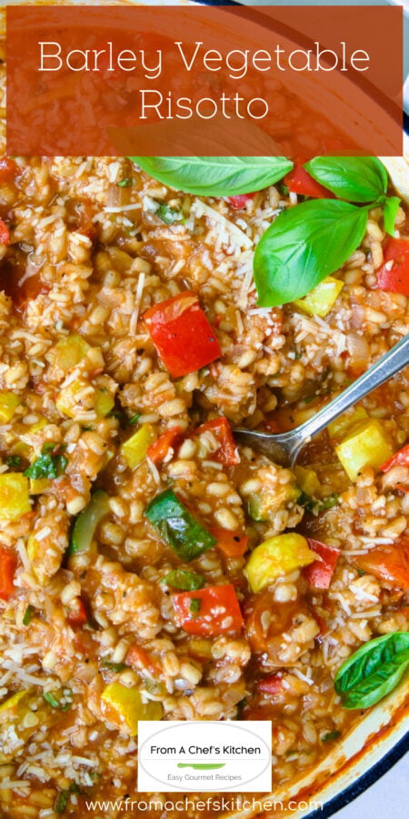 Pinterest graphic for Barley Vegetable Risotto showing it in a white enamel cast iron skillet.