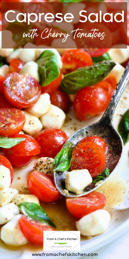 Pinterest graphic for Caprese Salad with Cherry Tomatoes showing it on a white oval platter with serving spoon.