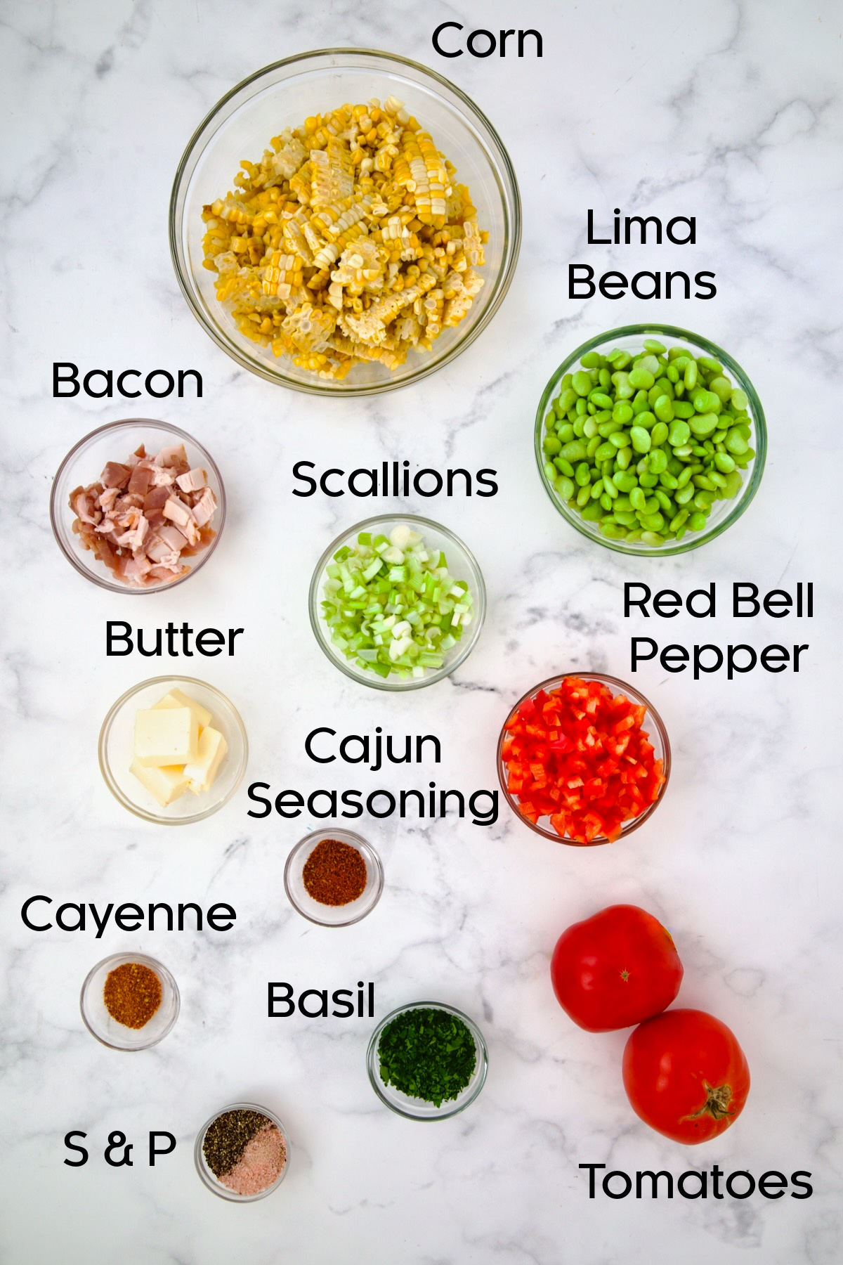 Ingredients for Grilled Corn Succotash in glass bowls.