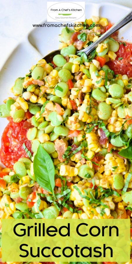 Pinterest graphic for Grilled Corn Succotash showing it on a white oval platter with serving spoon.