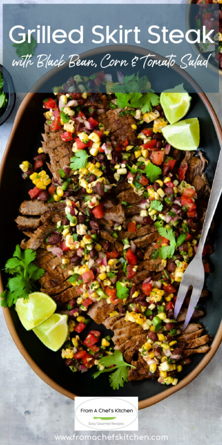 Pinterest graphic for Grilled Skirt Steak with Black Bean, Corn and Tomato Salad showing it on a black oval serving platter with serving fork.