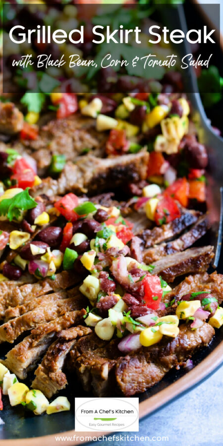 Pinterest graphic for Grilled Skirt Steak with Black Bean, Corn and Tomato Salad showing it on a black oval serving platter with serving fork.