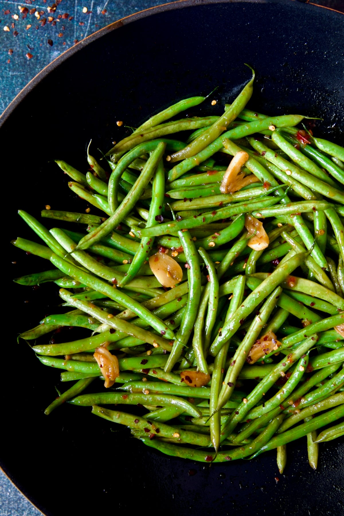 Thai Sweet Chili Green Beans in wok.