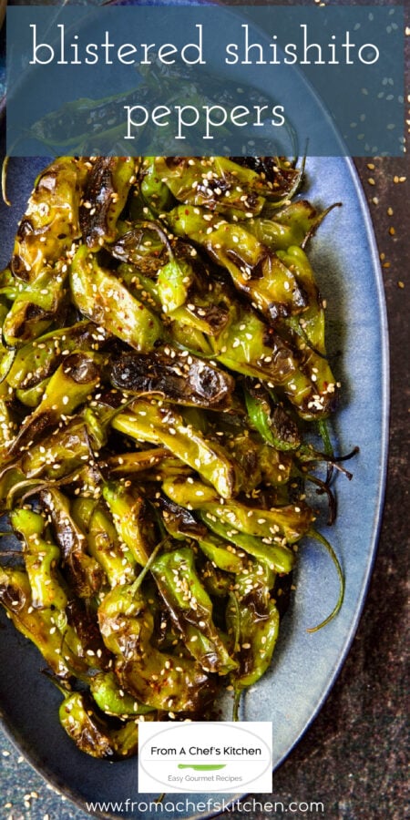 Pinterest graphic for Blistered Shishito Peppers showing them on a blue oval platter garnished with sesame seeds and lime wedges.