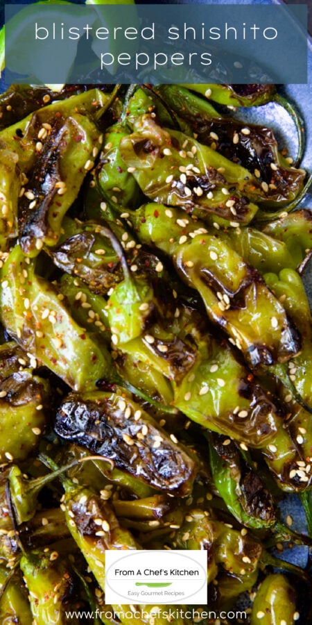 Pinterest graphic for Blistered Shishito Peppers showing them on a blue oval platter garnished with sesame seeds and lime wedges.