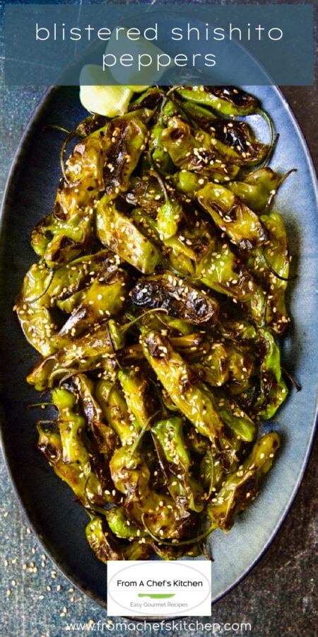 Pinterest graphic for Blistered Shishito Peppers showing them on a blue oval platter garnished with sesame seeds and lime wedges.