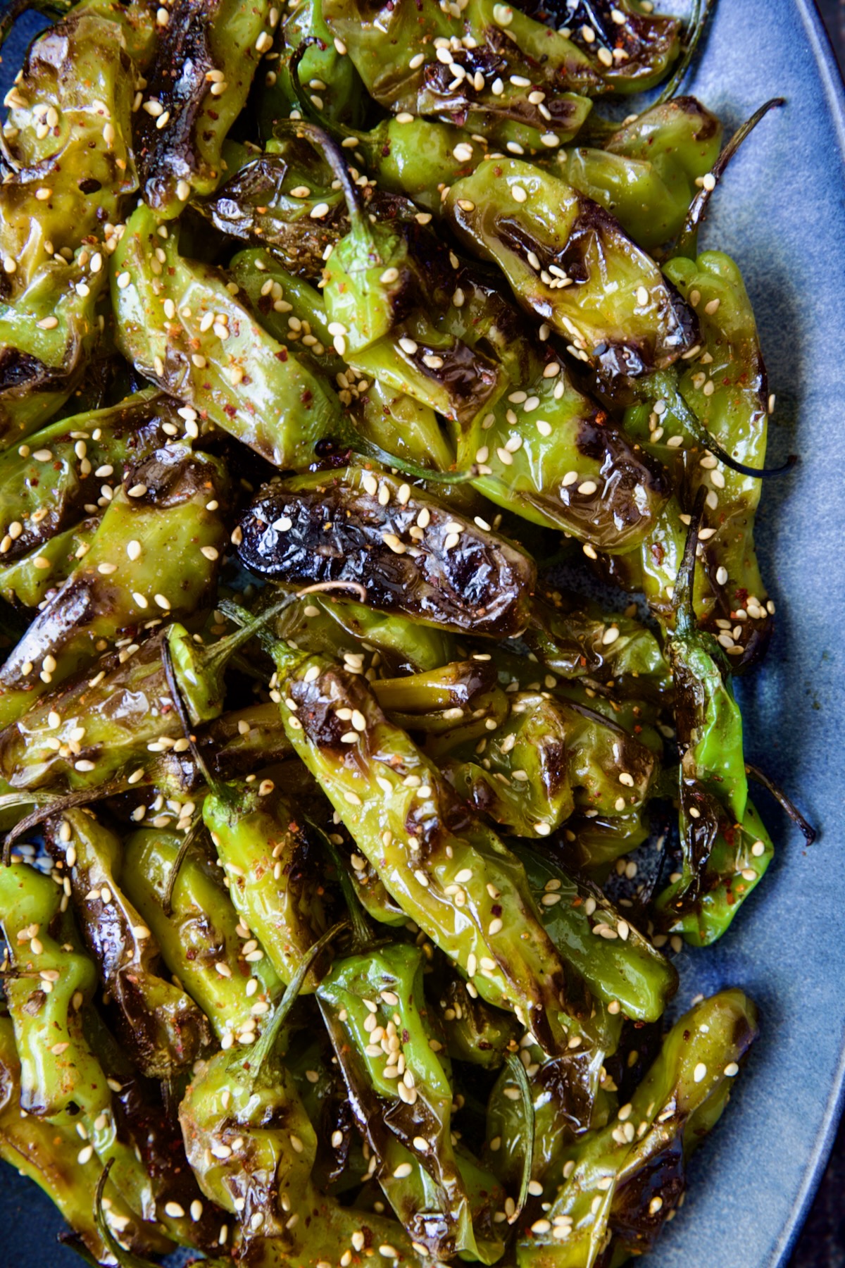 Blistered Shishito Peppers on blue oval platter garnished with sesame seeds.