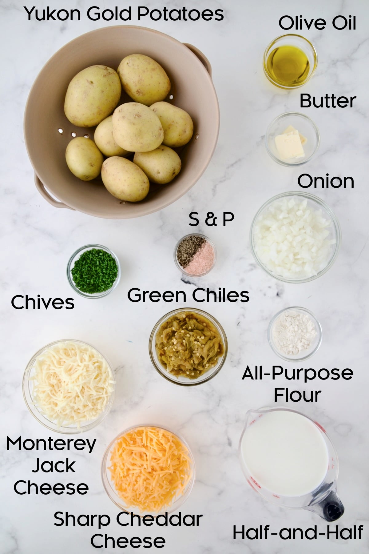 Ingredients for Hatch Green Chile au Gratin Potatoes in glass bowls.