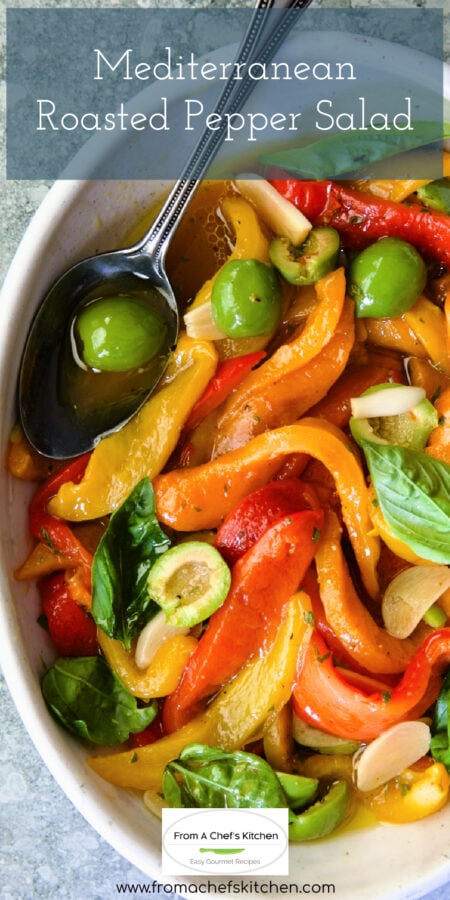 Pinterest graphic for Roasted Pepper Salad showing it in a white serving bowl with serving spoon.