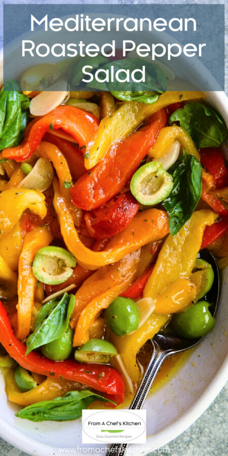 Pinterest graphic for Roasted Pepper Salad showing it in a white serving bowl with serving spoon.