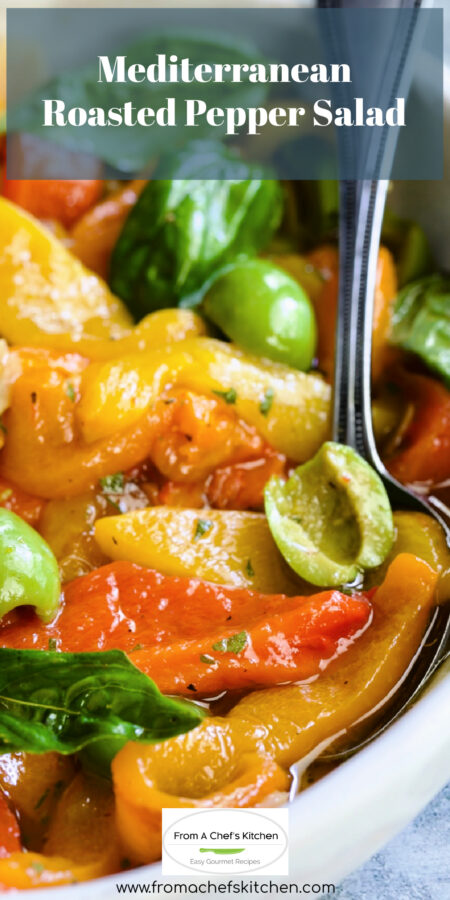 Pinterest graphic for Roasted Pepper Salad showing it in a white serving bowl with serving spoon.