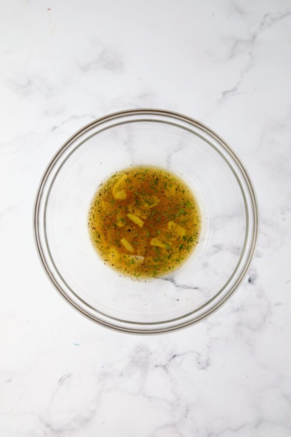 Vinaigrette for Roasted Pepper Salad in glass bowl.