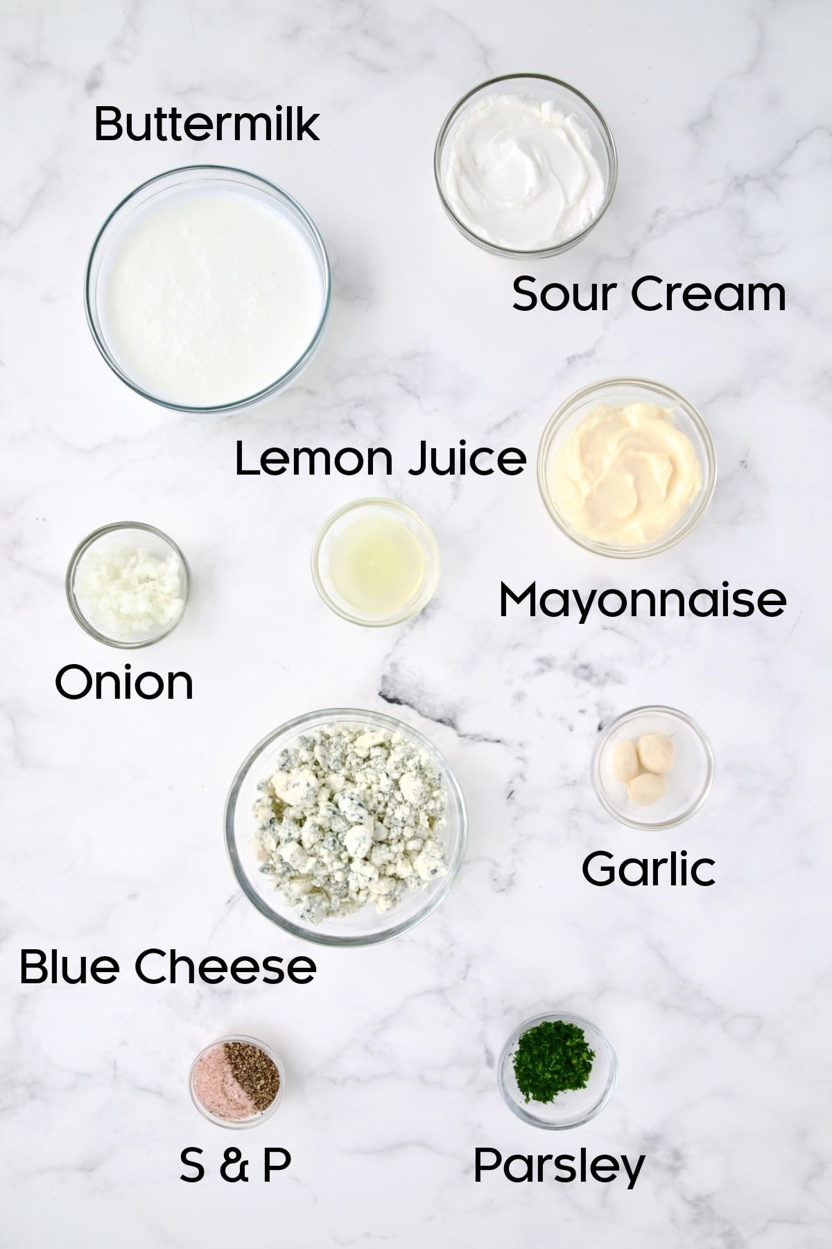 Ingredients for Best Blue Cheese Dressing Recipe in glass bowls.