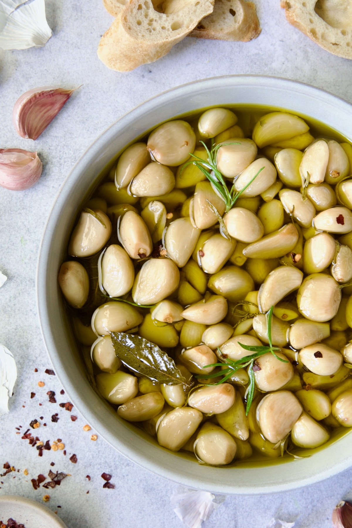 Garlic Confit in round earthenware bowl.
