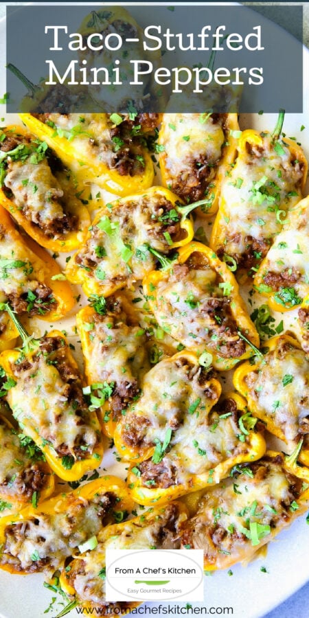 Pinterest graphic for Taco-Stuffed Mini Peppers showing them on a white oval platter.