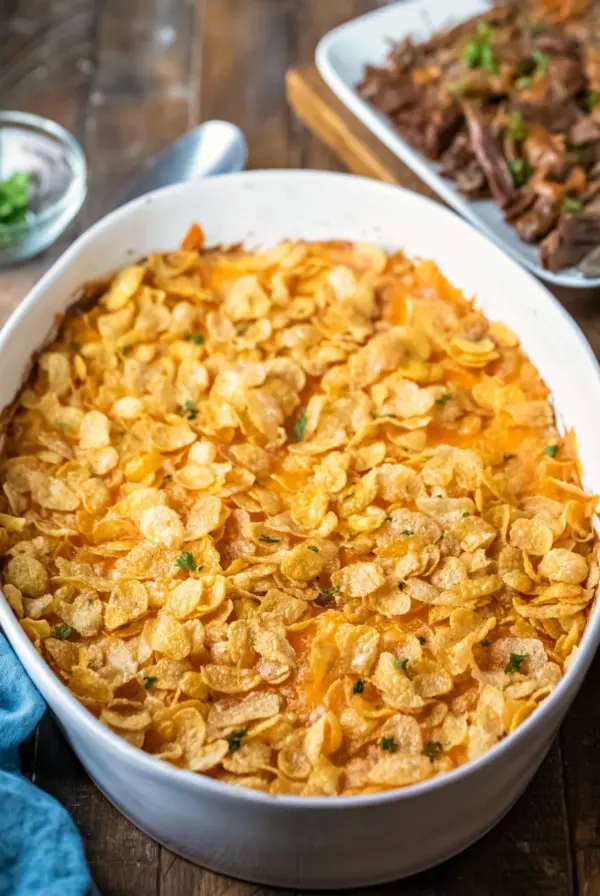Funeral potatoes in oval white baking dish.