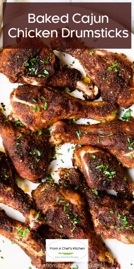 Pinterest graphic for Baked Cajun Chicken Drumsticks showing them on a white platter.
