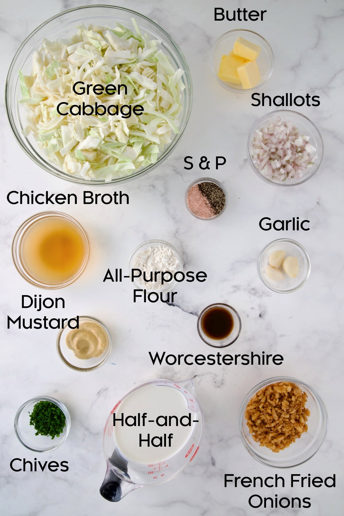Ingredients for Creamed Cabbage Casserole in glass bowls.