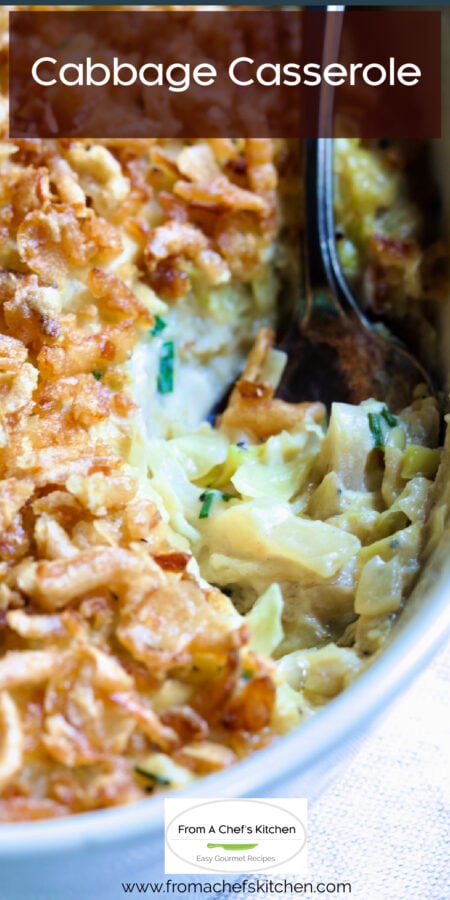 Pinterest graphic for Creamy Cabbage Casserole showing it in a white baking dish with serving spoon.