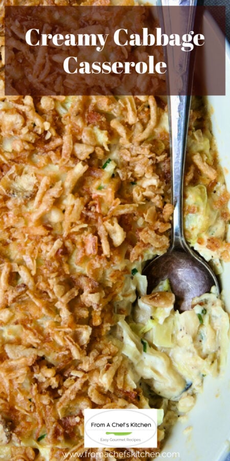 Pinterest graphic for Creamy Cabbage Casserole showing it in a white baking dish with serving spoon.