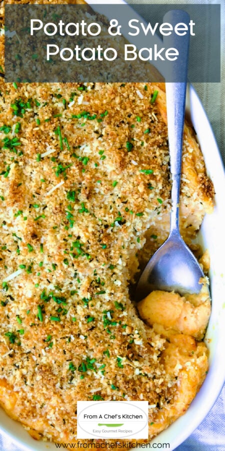 Pinterest graphic for Potato and Sweet Potato Bake showing it in a white oval baking dish with serving spoon.