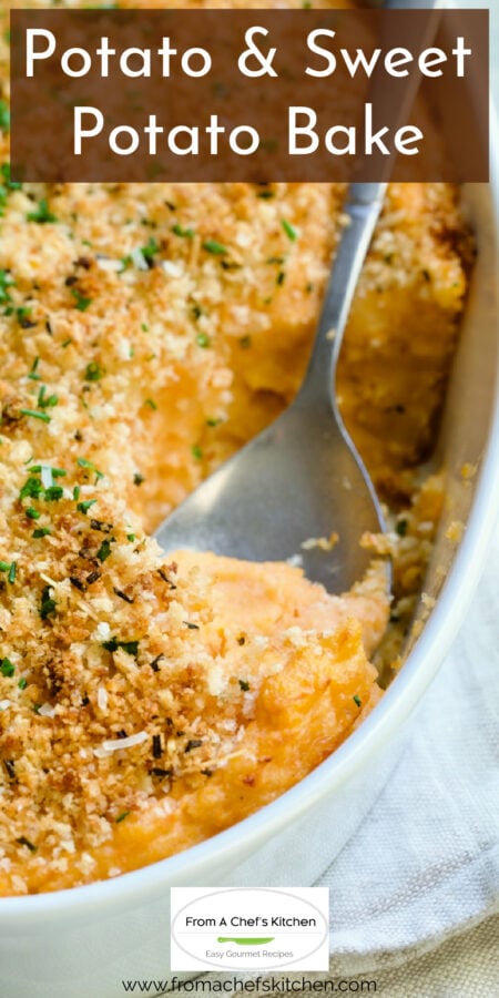 Pinterest graphic for Potato and Sweet Potato Bake showing it in a white oval baking dish with serving spoon.