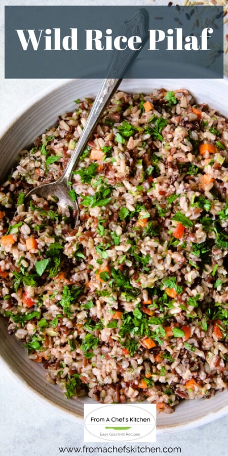 Pinterest graphic for Wild Rice Blend showing it in a white bowl with serving spoon.