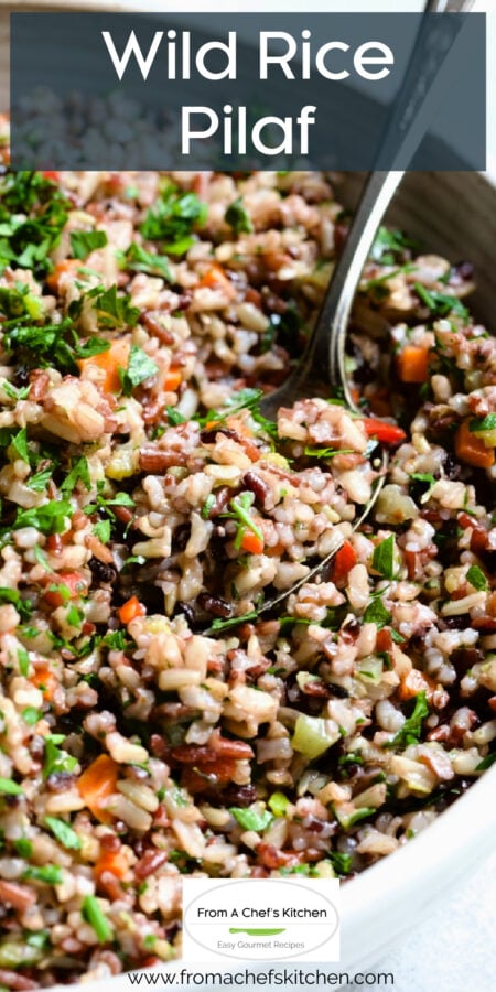 Pinterest graphic for Wild Rice Blend showing it in a white bowl with serving spoon.