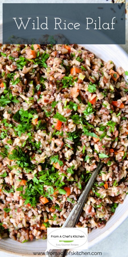 Pinterest graphic for Wild Rice Blend showing it in a white bowl with serving spoon.