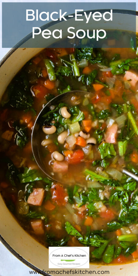 Pinterest graphic for Black-Eyed Pea Soup showing it in a white Dutch oven with soup ladle.