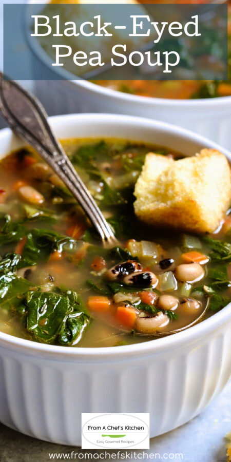 Pinterest graphic for Black-Eyed Pea Soup showing one serving in a white bowl with soup spoon and cornbread.