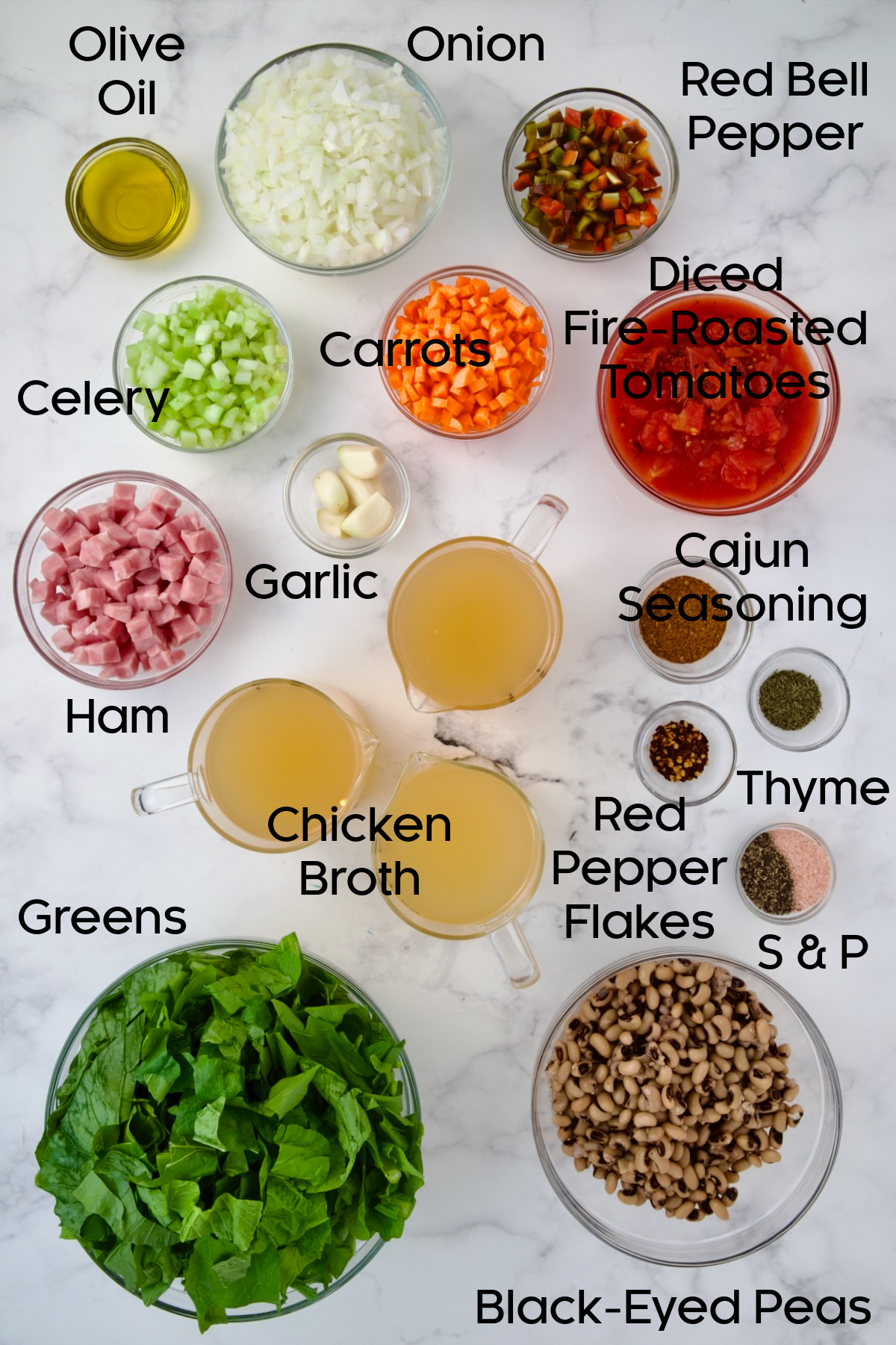 Ingredients for Black-Eyed Pea Soup in glass bowls.