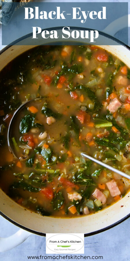 Pinterest graphic for Black-Eyed Pea Soup showing it in a white Dutch oven with soup ladle.