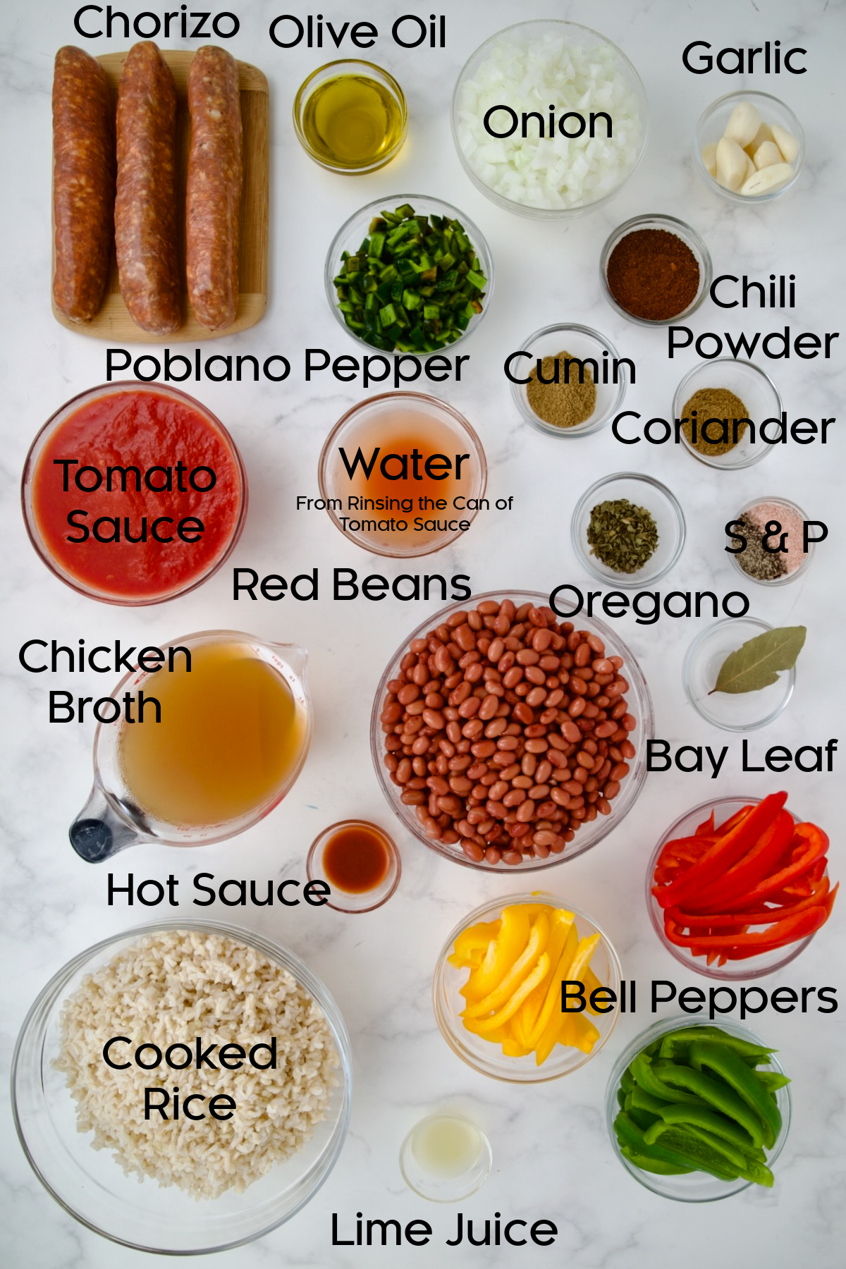 Ingredients for Southwestern Red Beans and Rice in glass bowls.