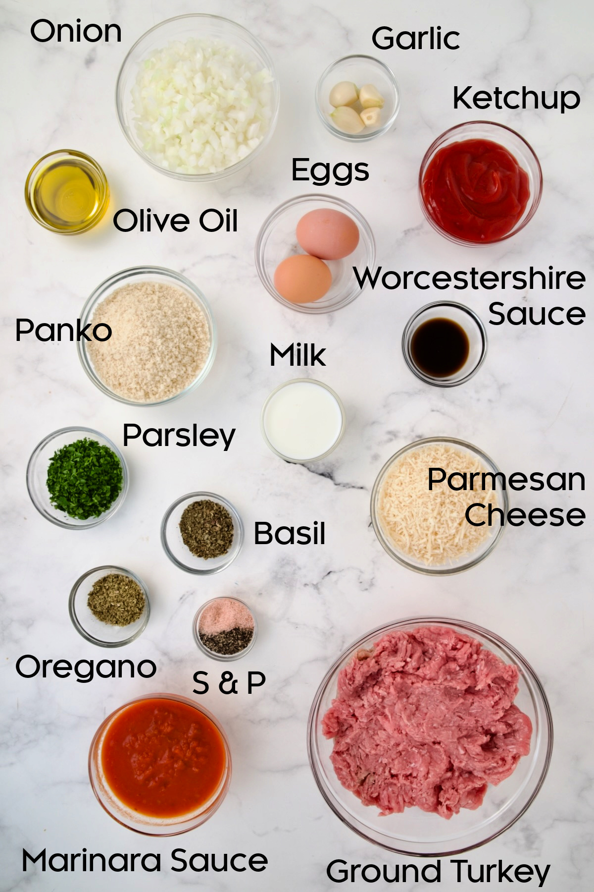 Ingredients for Turkey Meatloaf Muffins in glass bowls.