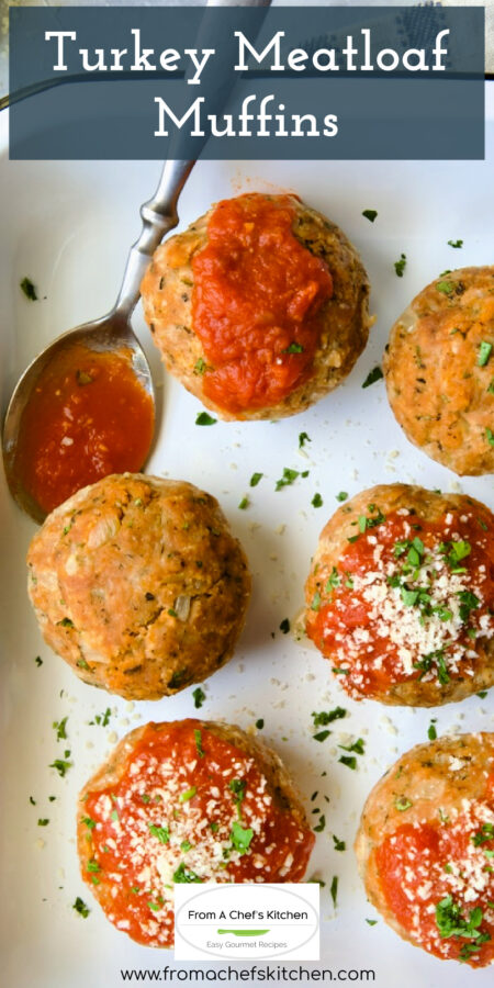 Pinterest graphic for Turkey Meatloaf Muffins showing six muffins in white pan with marinara sauce and cheese.
