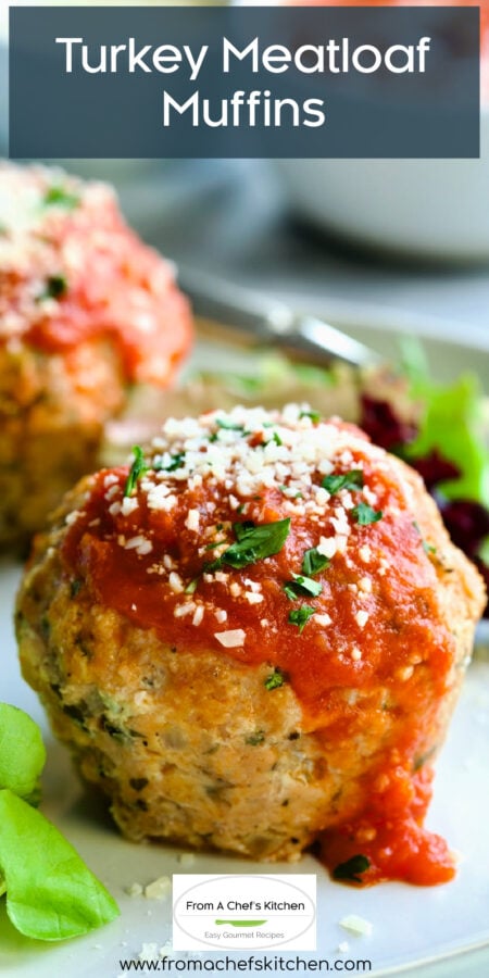 Pinterest graphic for Turkey Meatloaf Muffins showing one muffin on white plate with marinara sauce and cheese.