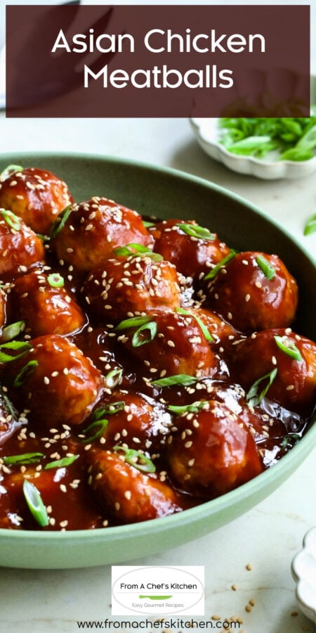 Pinterest graphic for Asian Chicken Meatballs showing them in a green serving bowl.