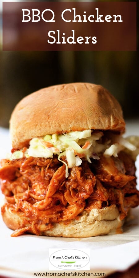 Pinterest graphic for BBQ Chicken Sliders showing one on a white plate.