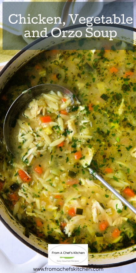 Pinterest graphic for Chicken Vegetable Orzo Soup showing it in a white Dutch oven with soup ladle.