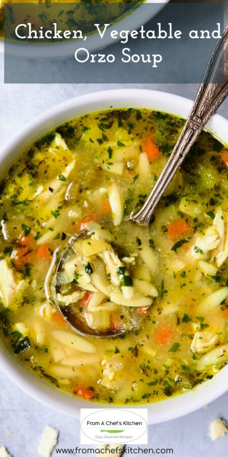 Pinterest graphic for Chicken Vegetable Orzo Soup showing it in a white bowl with spoon.