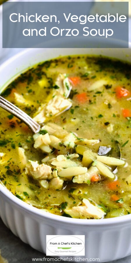 Pinterest graphic for Chicken Vegetable Orzo Soup showing it in a white bowl with spoon.