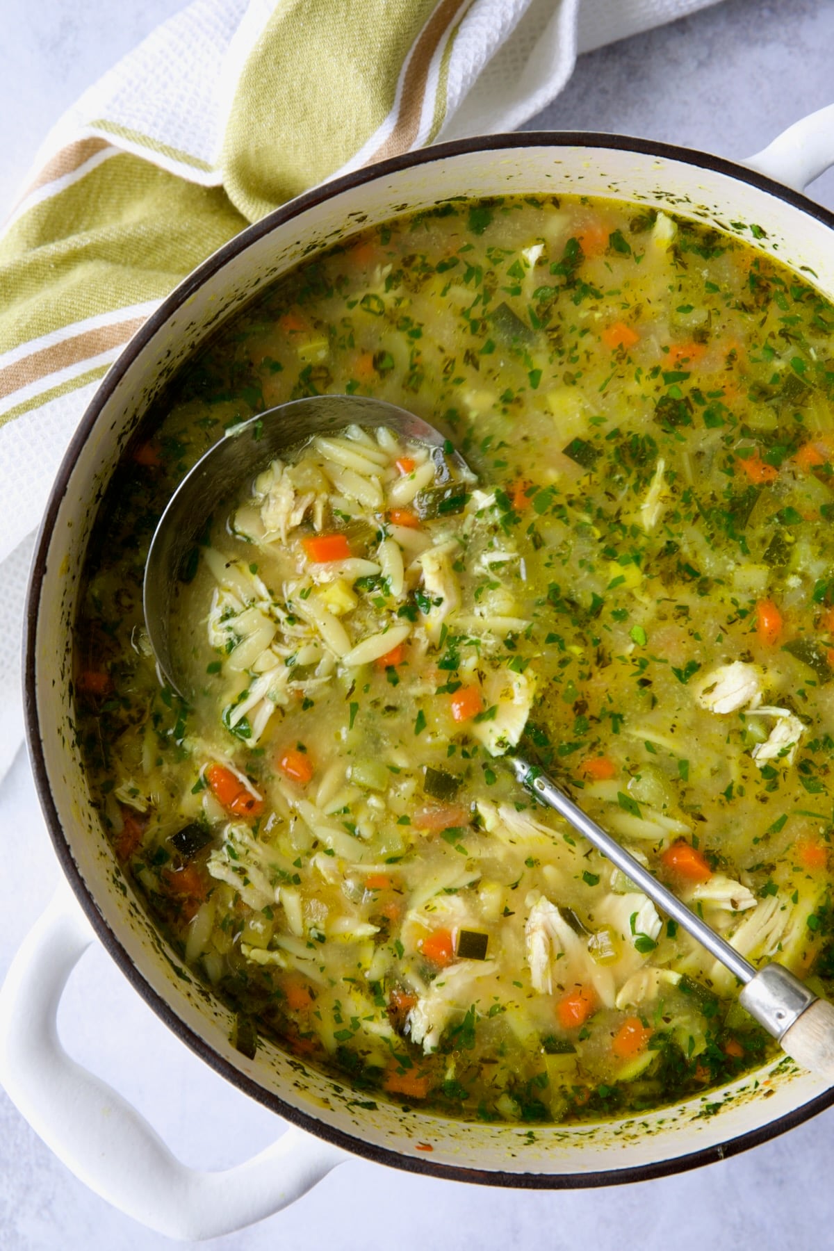 Chicken Vegetable Soup with Orzo in white Dutch oven.