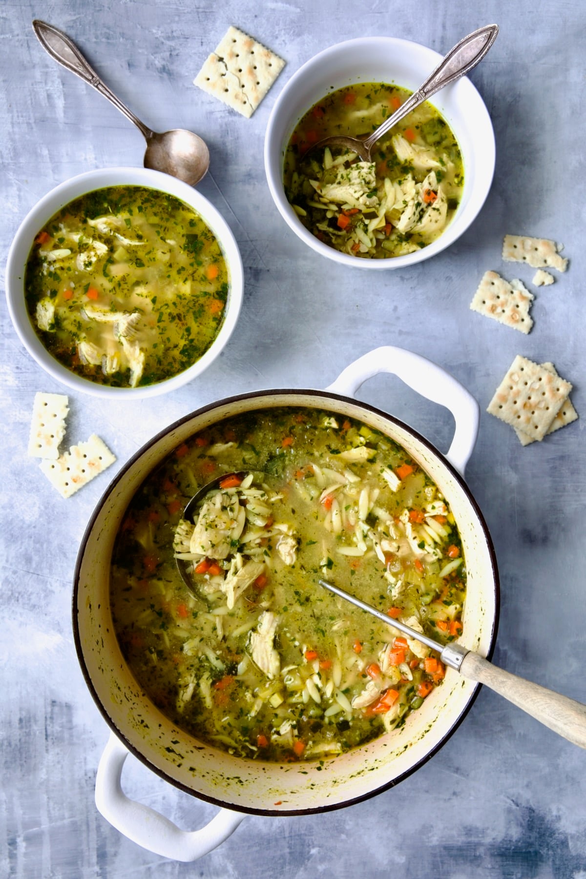 Chicken Vegetable Soup with Orzo in white Dutch oven and two bowls.